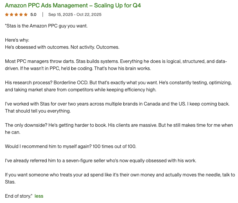 Client review: "…He's obsessed with outcomes. Not activity. Outcomes."